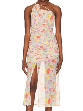 For Love & Lemons Pastel Floral One-Shoulder Midi Dress
